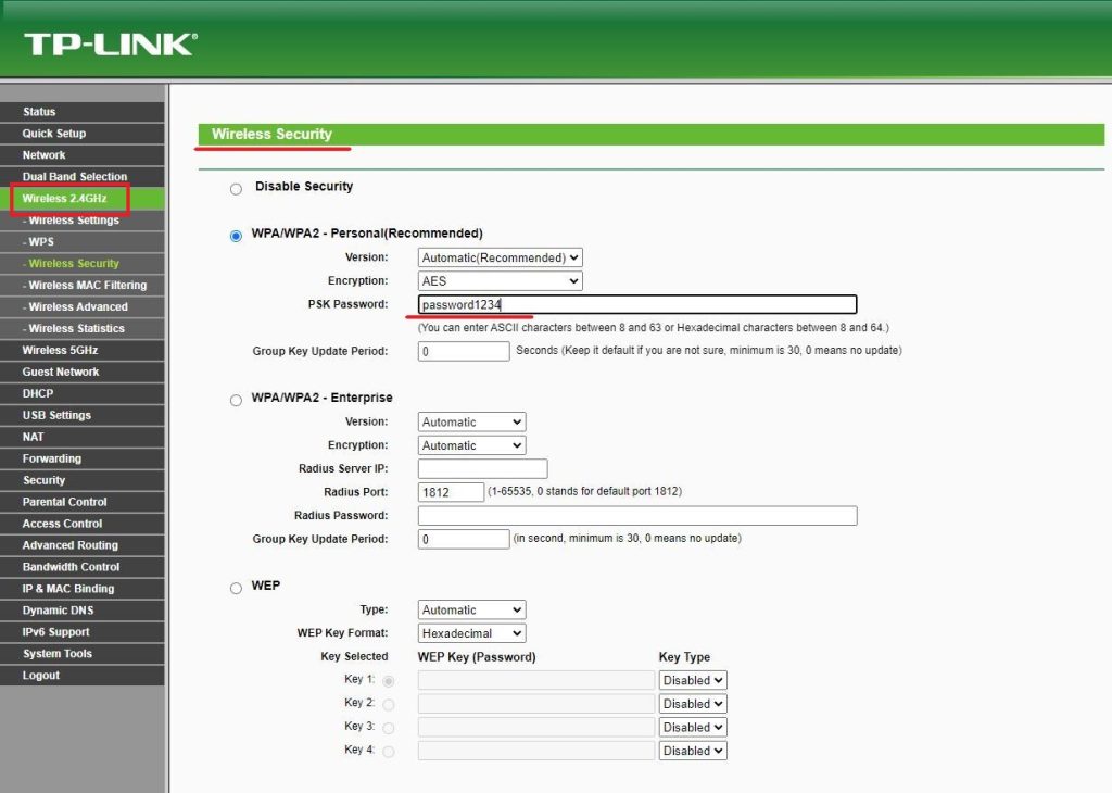 router 2ghz band change password