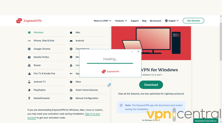 ExpressVPN installing