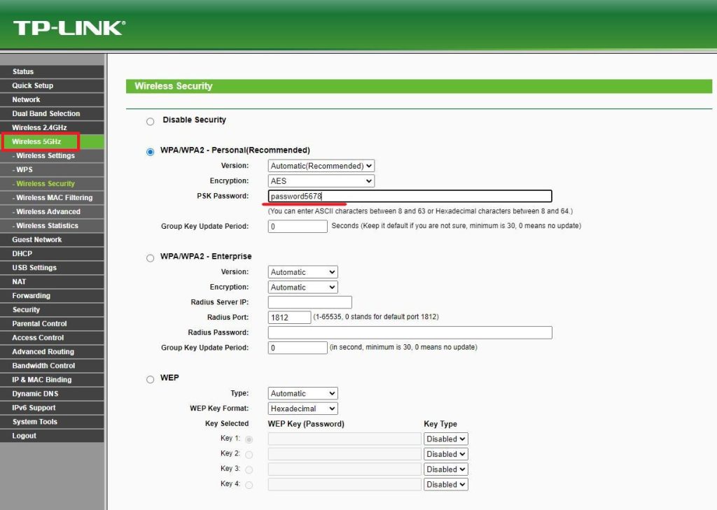 router 5ghz band change password