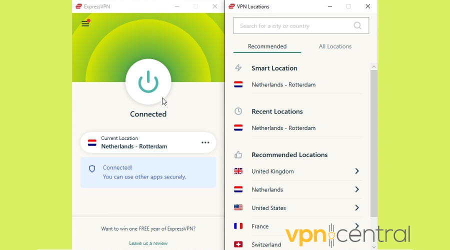 ExpressVPN connected to a server in the Netherlands
