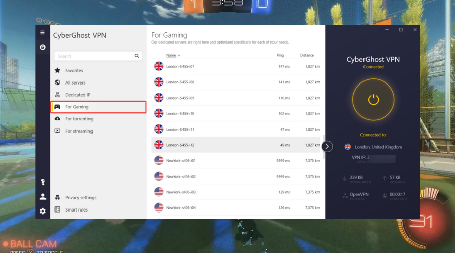 cyberghost vpn running with rocket league in the background