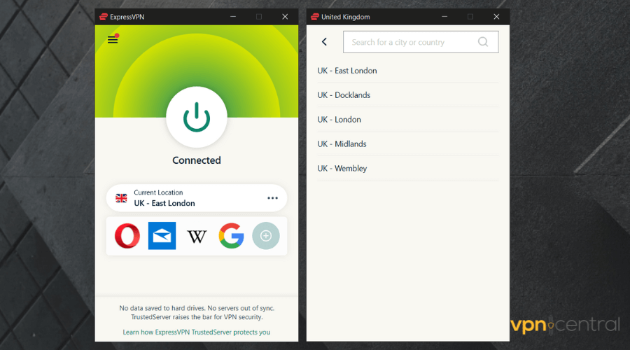 ExpressVPN подключен к Великобритании