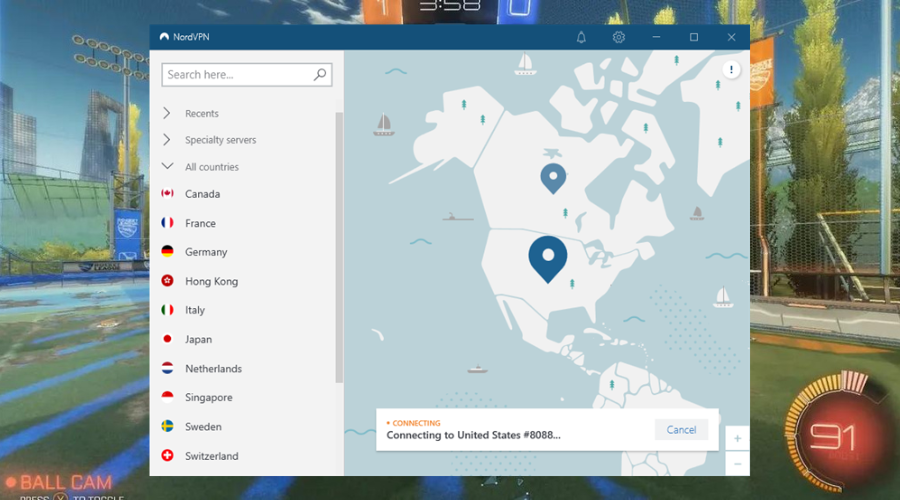 nordvpn running with rocket league in background