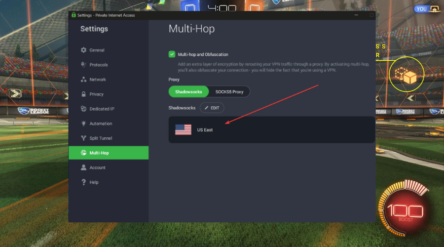 pia vpn running with rocket league in background