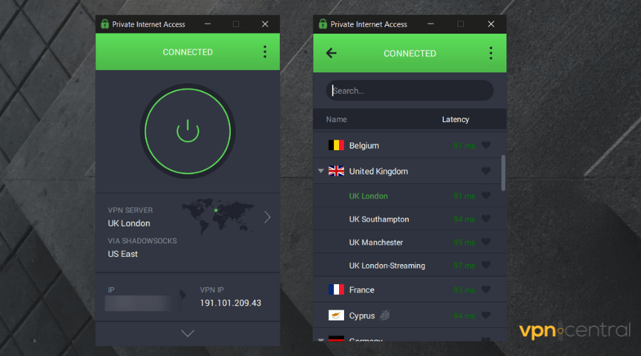 private internet access contected to uk