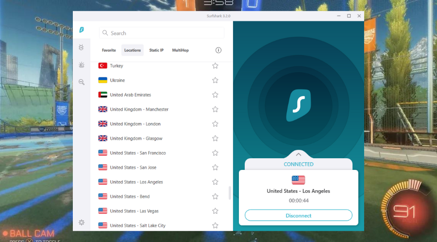 surfshark running with rocket league in the background