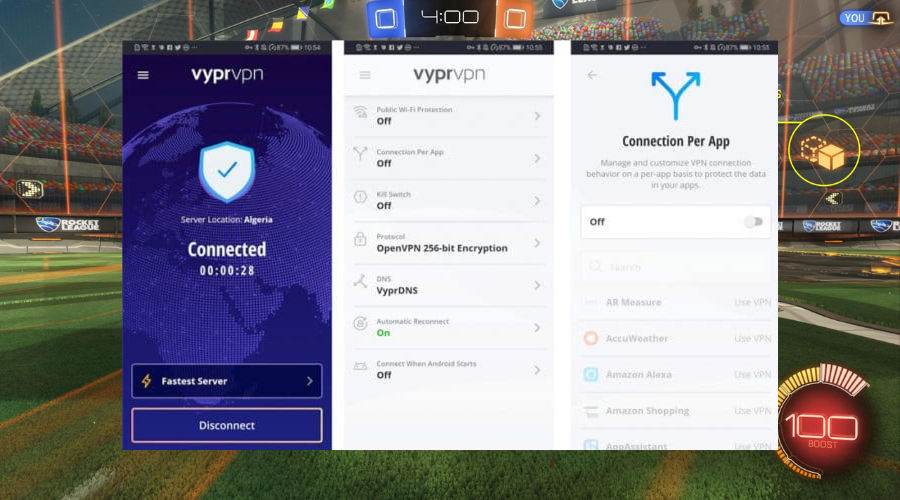 vyprvpn running with rocket league in the background