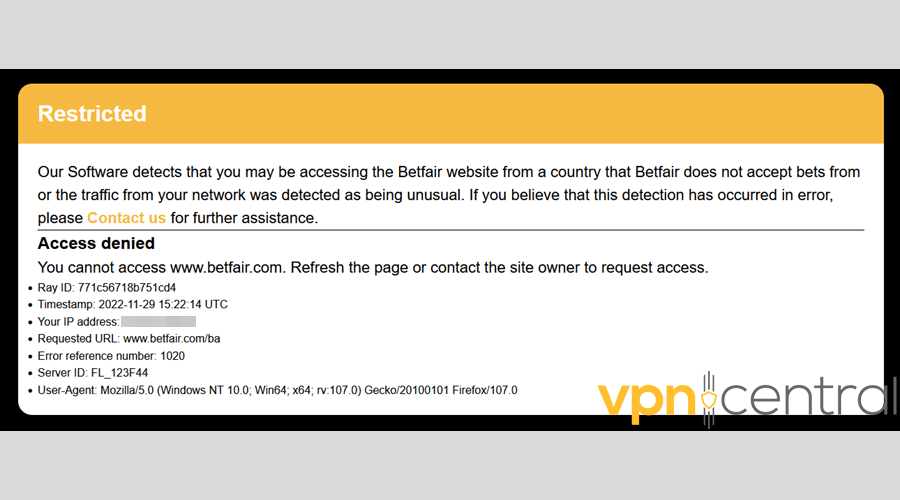 Betfair error message