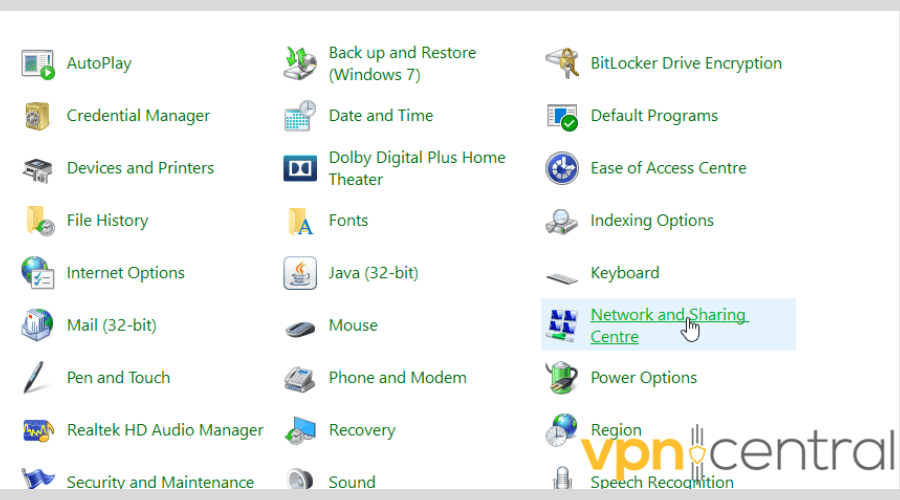 Network and Sharing centre in Control Panel