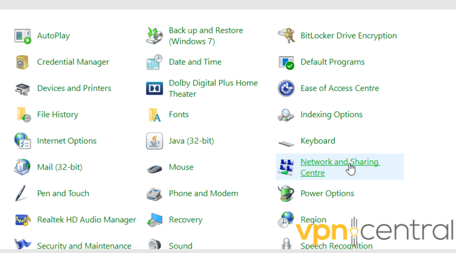 Network and Sharing Centre in Control Panel