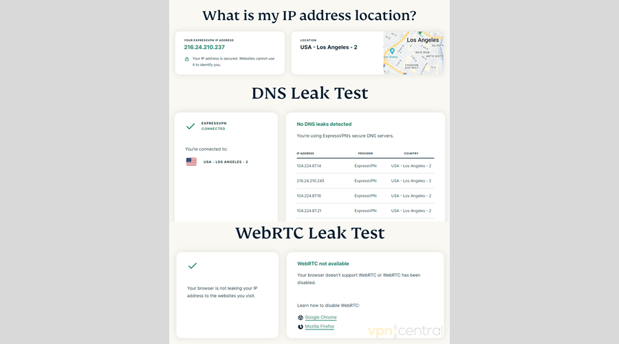 ExpressVPN DNS and WebRTC leak tests