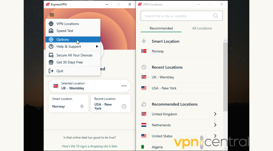 ExpressVPN app options