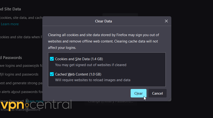 Cleat cookies and site data and cached web content on Mozilla Firefox