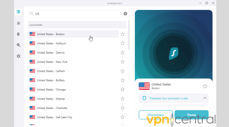Surfshark connected to a server in Boston