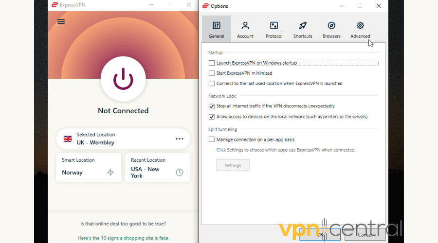 ExpressVPN app advanced options