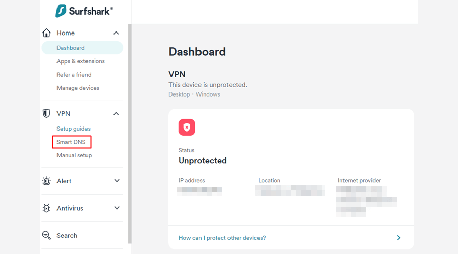 Surfshark app dashboard