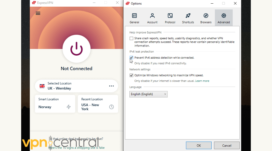 ExpressVPN app  function to prevent IPv6 address detection while connected