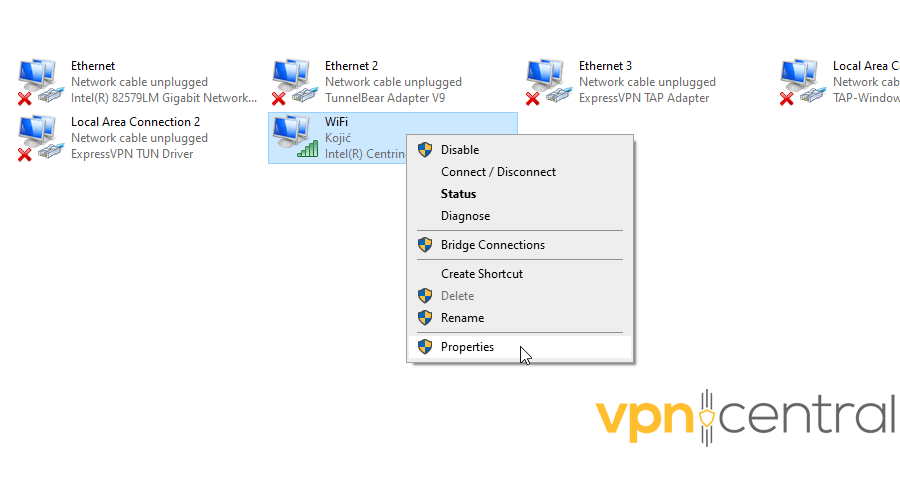 Network connection properties