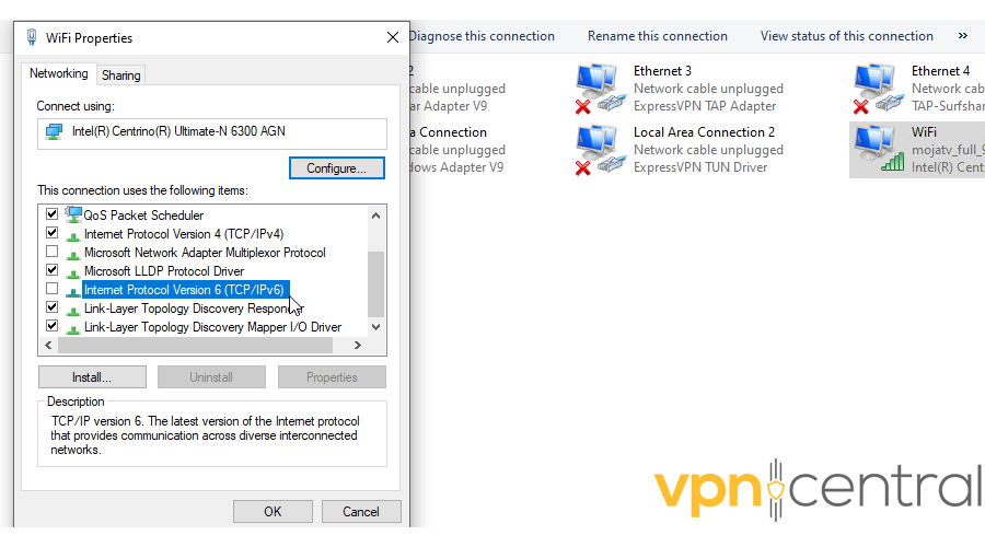 Uncheck Internet Protocol Version 6 (TCP/IPv6)