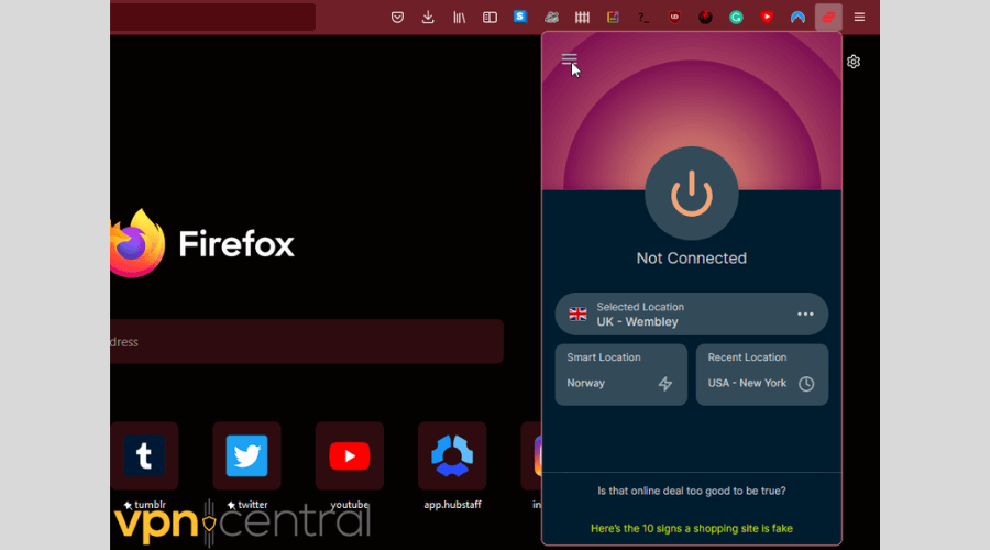 ExpressVPN Mozilla Firefox extension settings