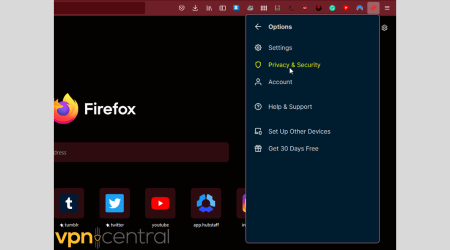ExpressVPN Mozilla Firefox extension Privacy and Security settings