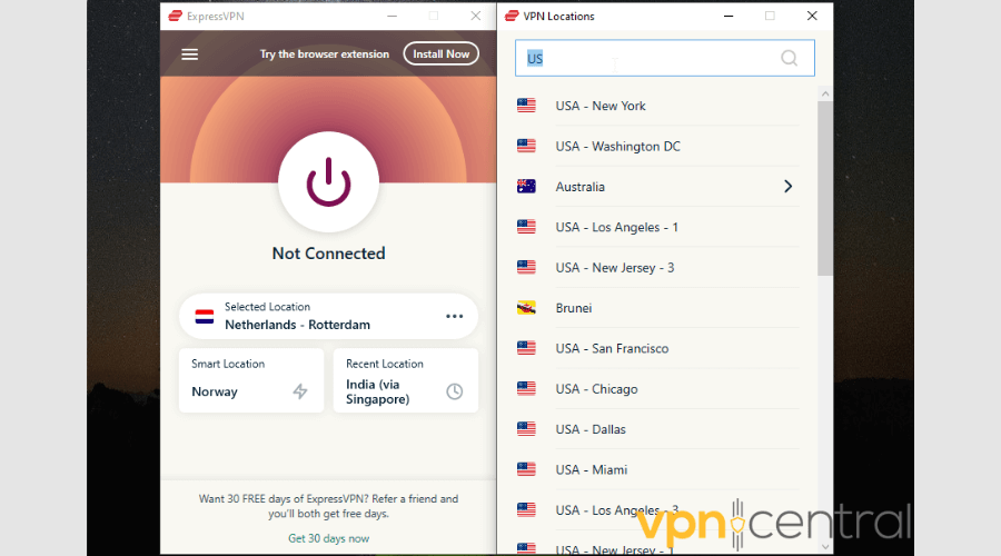 ExpressVPN off, US server options