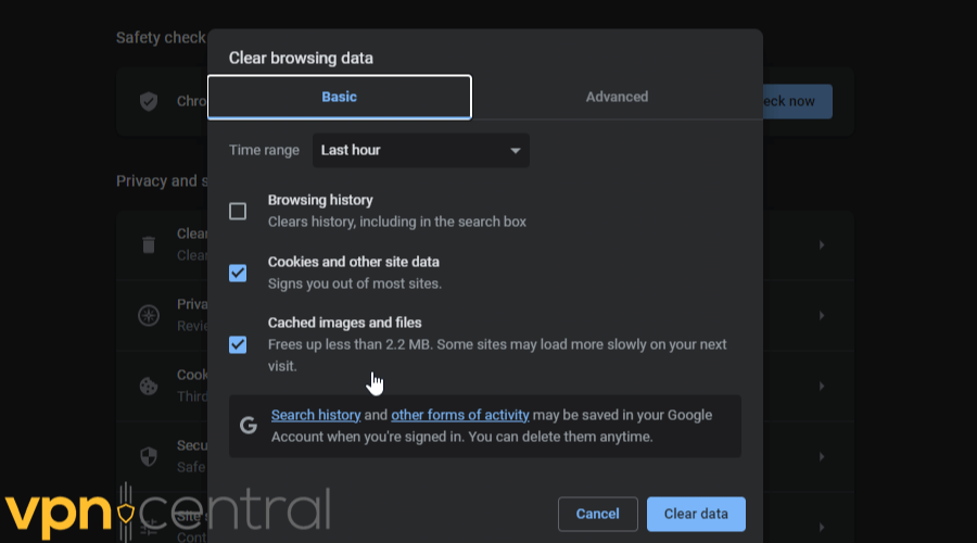 Clear cookies and browsing data on Chrome