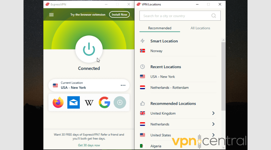 ExpressVPN turned on