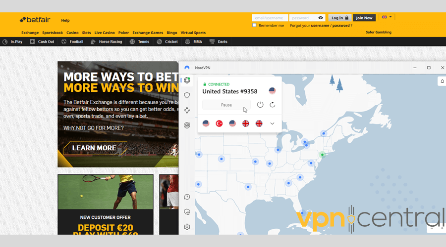Betfair with NordVPN on