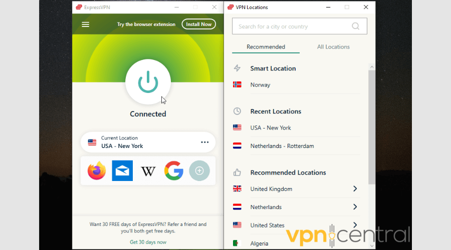 ExpressVPN connected to a US server