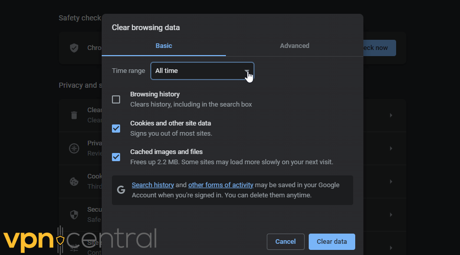 Choose time range for clearing cookies and browsing data on Chrome