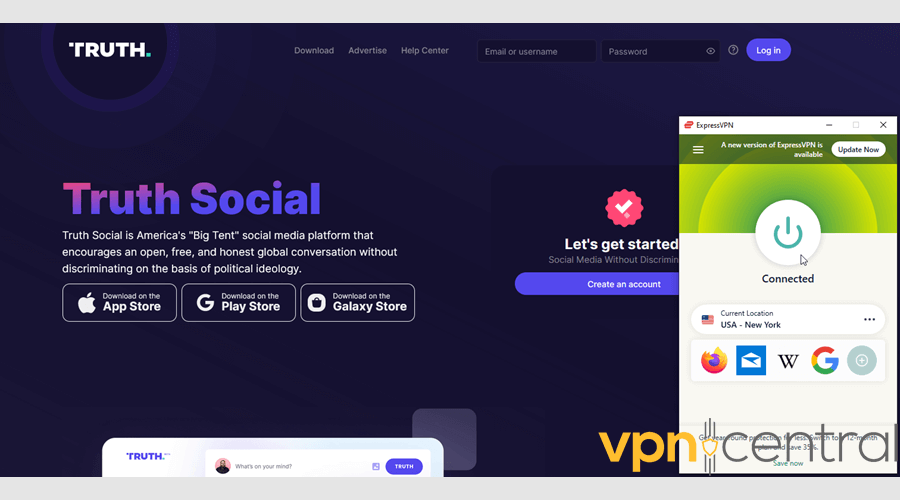Truth Social accessed with ExpressVPN on