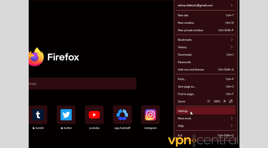 Mozilla Firefox settings