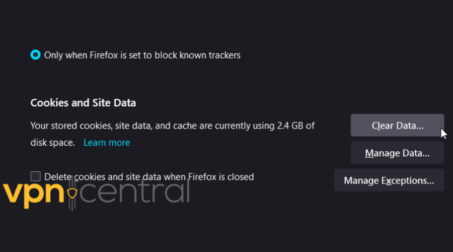 Clear cookies and site data on Mozilla Firefox