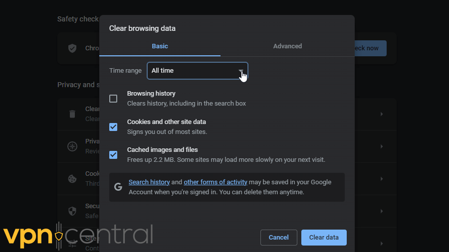 Clear browsing data on Chrome for all time