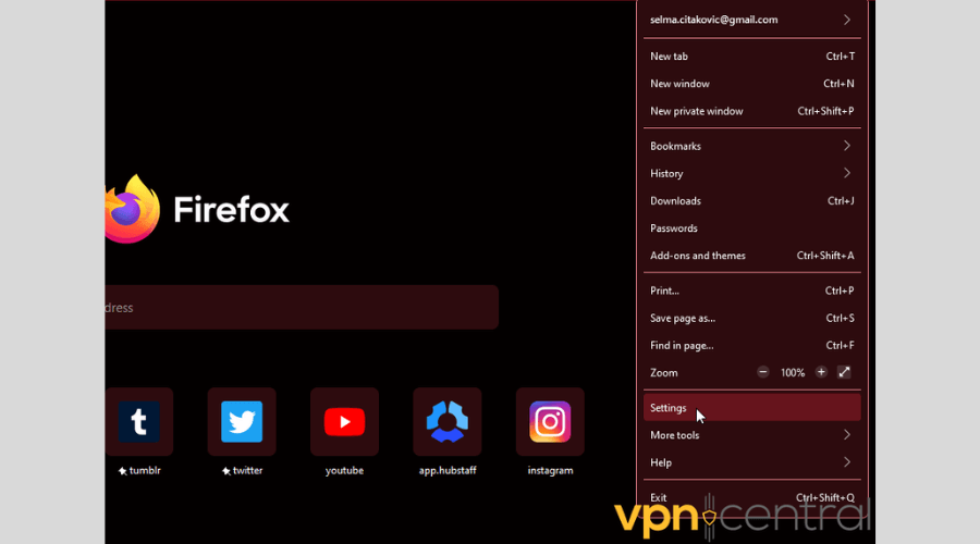 Mozilla Firefox Settings menu