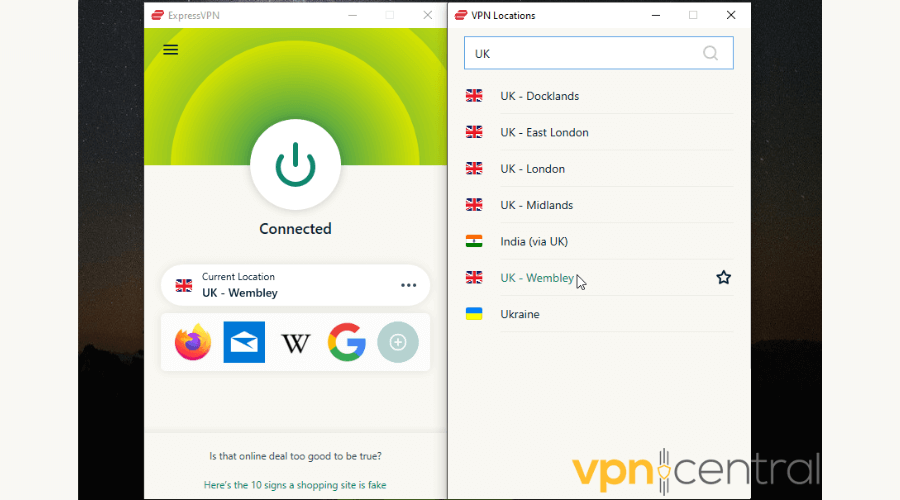 ExpressVPN connected to a server in the UK