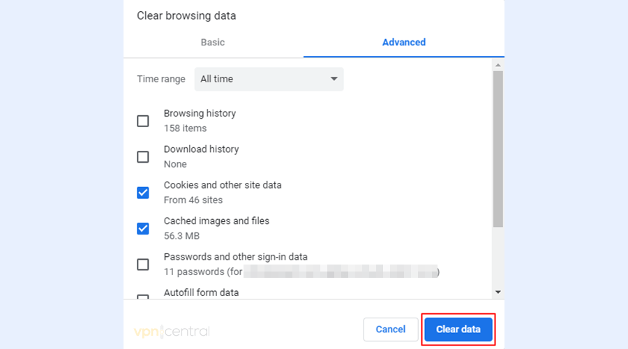 Clear cookies and browser data on Chrome