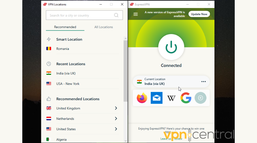 ExpressVPN connected to a server in India