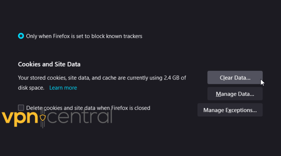 Clear browsing data in Mozilla Firefox