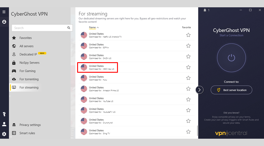 Select CyberGhost server optimized for HBO Max