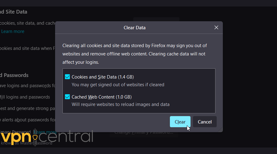 Clear all browsing data confirmation pop-up in Mozilla Firefox