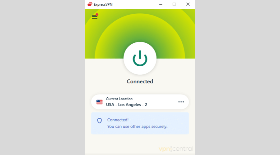 ExpressVPN connected to a US server