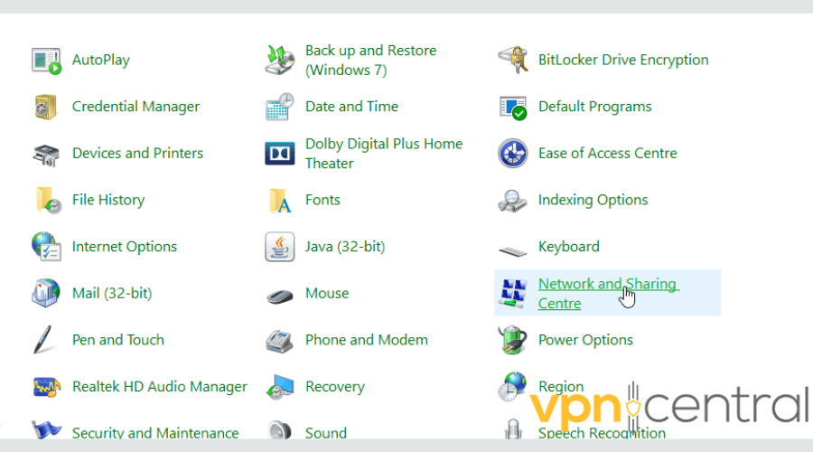 Network and Sharing Center in Control Panel