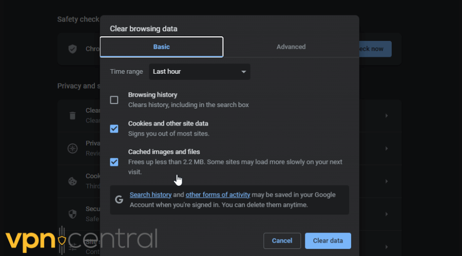 Clear Cached images and files and Cookies and other site data