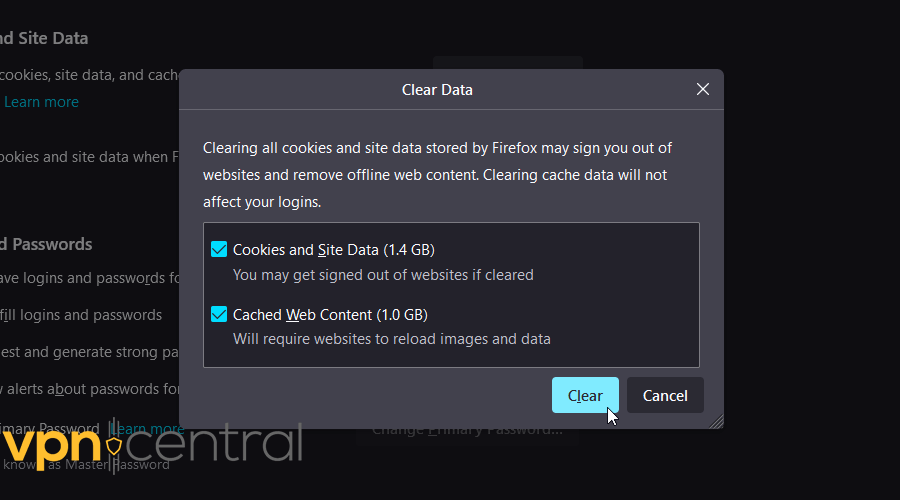Confirm data clear on Mozilla