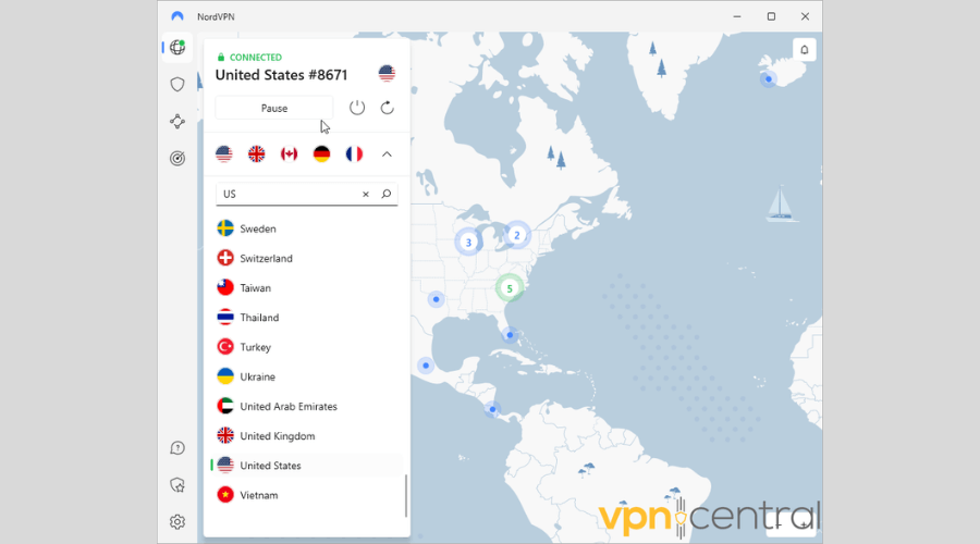 NordVPN connected to a US server