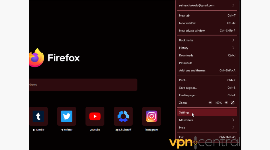 Mozilla Firefox settings