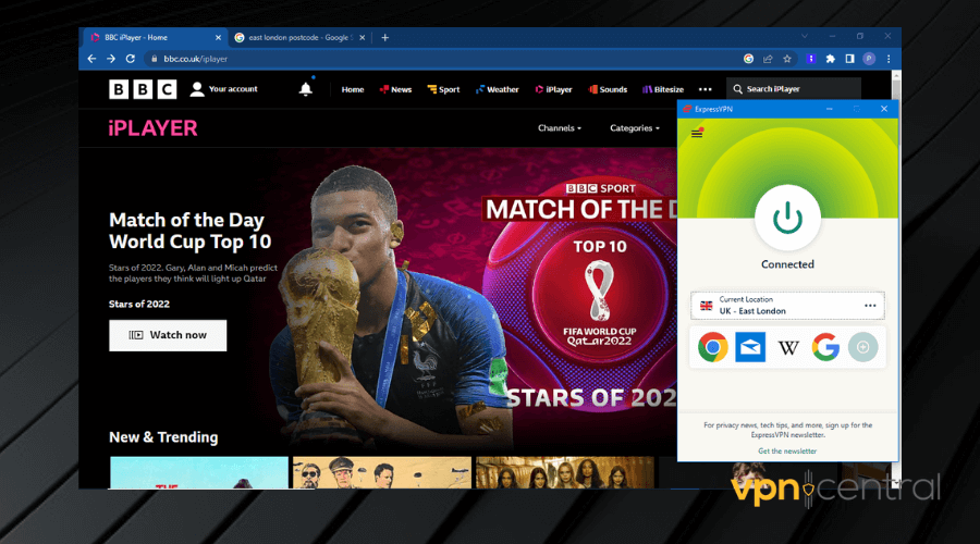 expressvpn connected to uk to watch england vs usa live on bbciplayer
