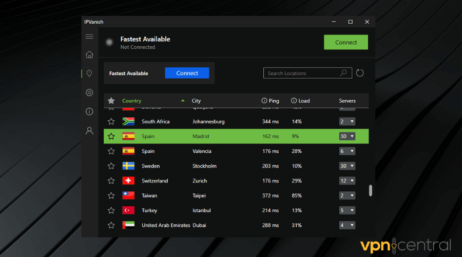 ipvanish server list with spain location